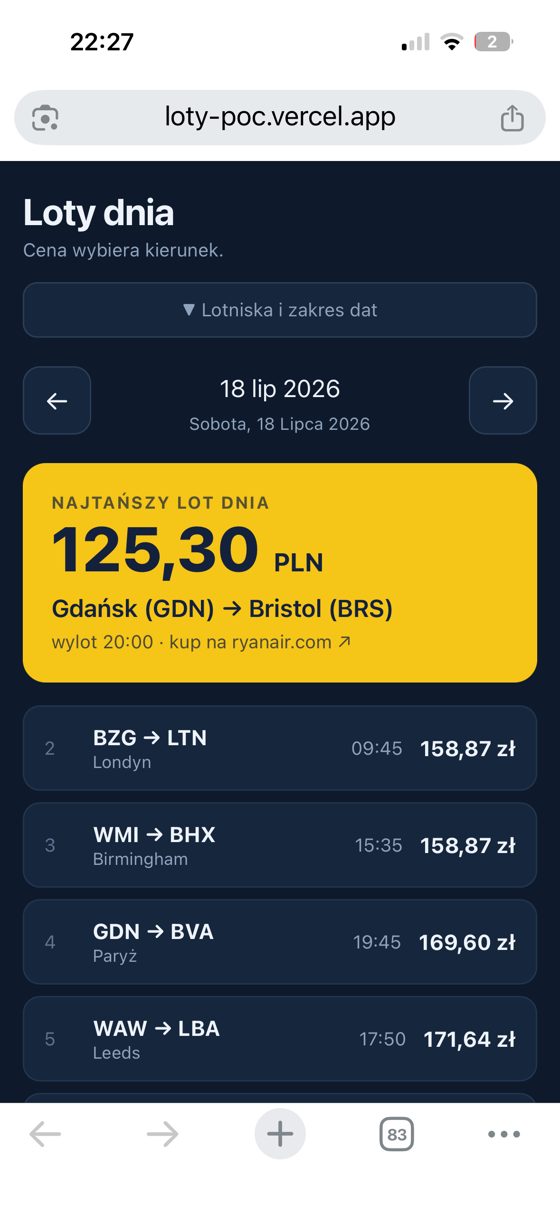 Ekran główny aplikacji Loty dnia